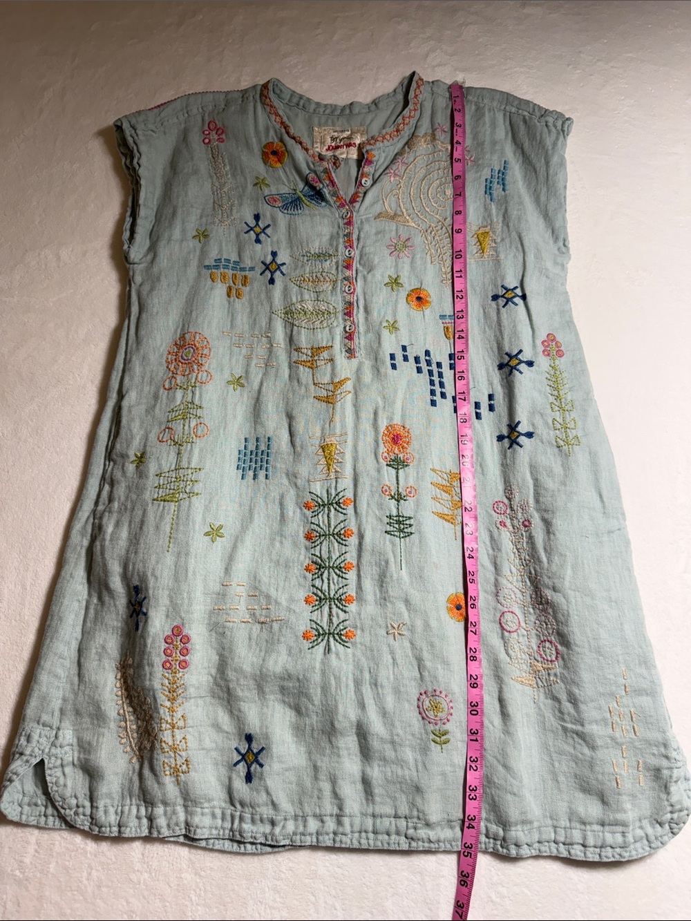 Johnny Was Elektra Light Teal Linen Embroidered Mini Dress - Picture 10 of 10